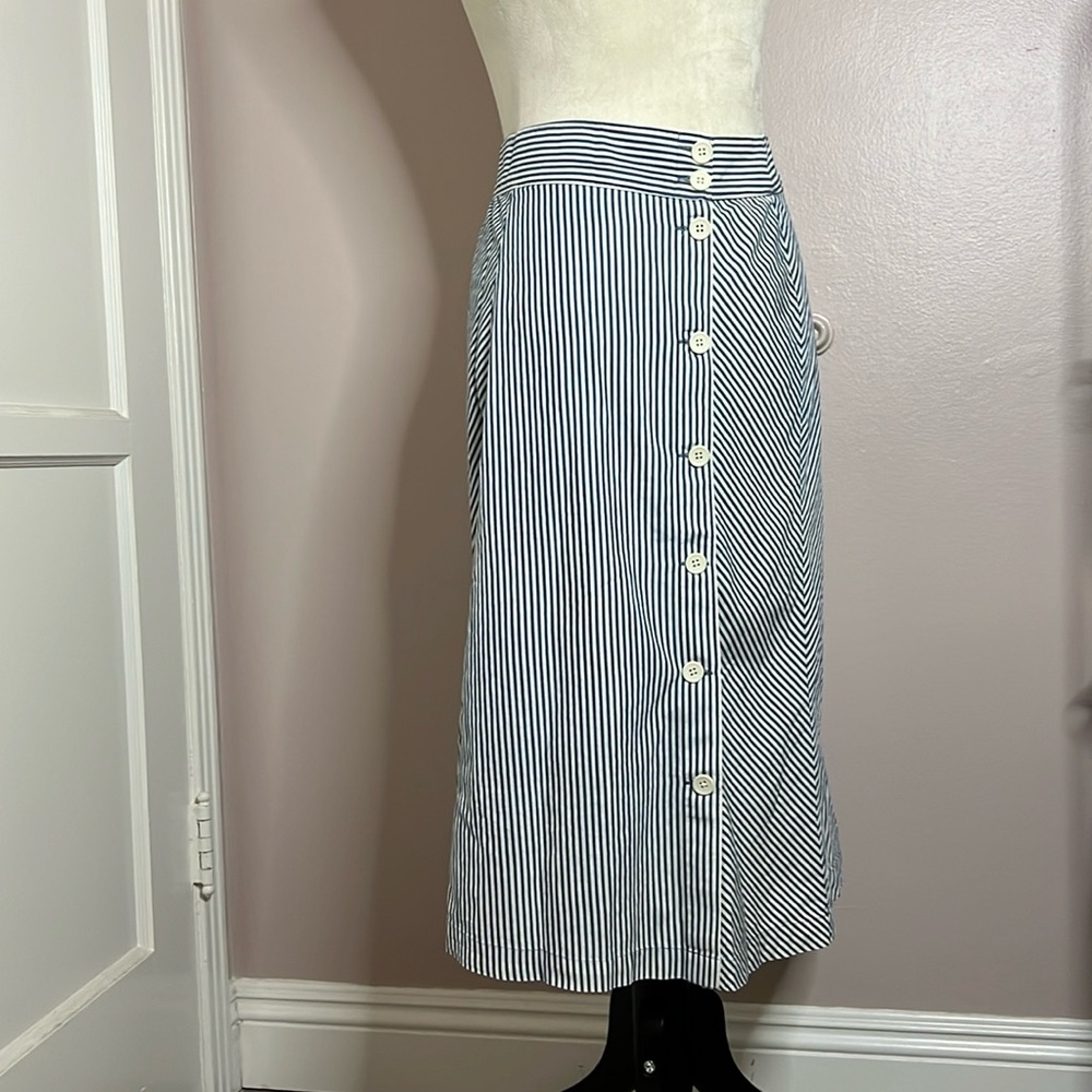 Size 0 J. Crew blue and white cotton striped skirt, button up front. Never worn.